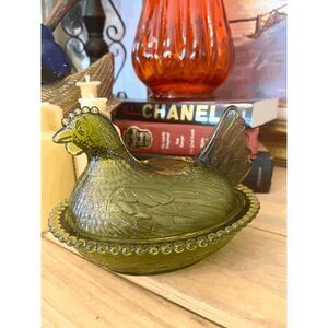 Indiana Glass Olive Green Hen on Nest Covered Dish Vintage Chicken Candy Bowl